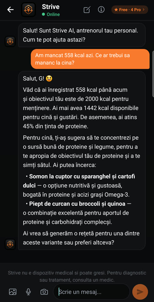 Conversație cu asistentul Strive despre cină